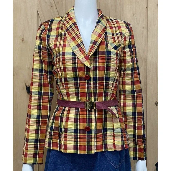Vintage Plaid Blazer with Belt Suit Jacket size 11 - Picture 7 of 9